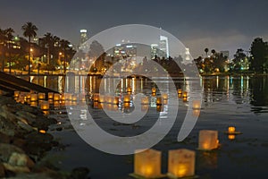 Close up of many lantern with Los Angeles city skyline in Lotus Festival Echo Park