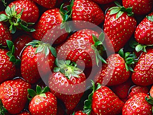A close up of many strawberries