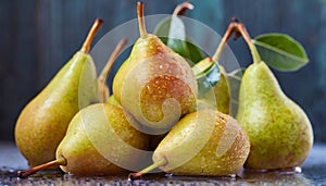 Close-up of many wet pears. Selective focus