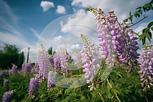 close up of many wisteria flowers in the field in green grass in the wind against blue sky with clouds. Generative AI.