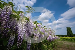 close up of many wisteria flowers in the field in green grass in the wind against blue sky with clouds. Generative AI.