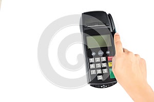 Close up manâ€™s hand swiping credit card with credit card machine for shopping payment isolated on white background.