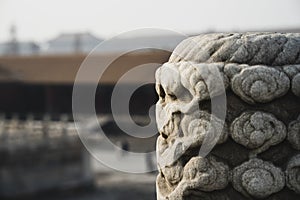 Close-up of marble stairway columns in the Forbidden City in Beijing, China