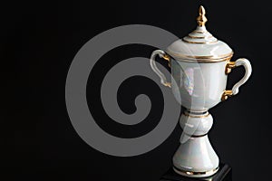 Close up of Marble trophy over black background. Winning awards with copy space for text and design.