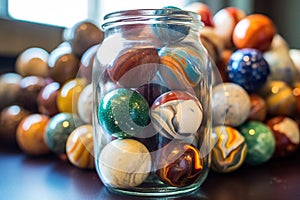 close-up of marbles in a glass jar, showing various patterns