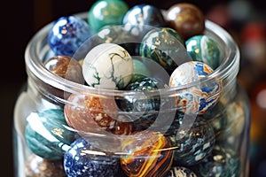 close-up of marbles in a glass jar, showing various patterns