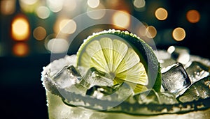 Close-up of a Margarita with a slice of lime, focus on the citrus detail, ice cubes glistening, soft bar lighting.. AI