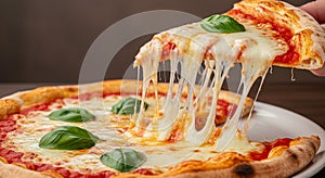 A close-up of a Margherita pizza with a slice being lifted, showcasing stretchy melted photo
