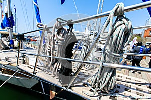 Marine ropes on the deck of an expensive yacht