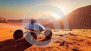 Close-up of a Mars Rover Exploring a Red Desert Planet - Generative Ai photo