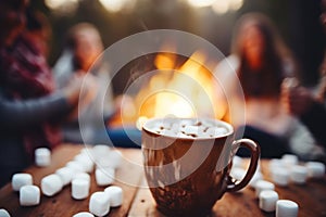 Close-up of a marshmallow-filled mug with a campfire and friends blurred in the background