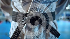 Close-up of a martial arts black belt tied around a gi