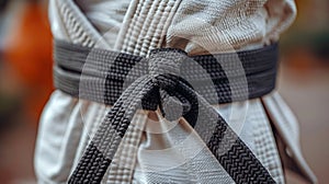 Close-up of a martial arts black belt tied around a gi