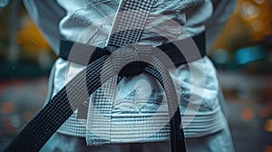 Close-up of a martial arts black belt tied around a gi