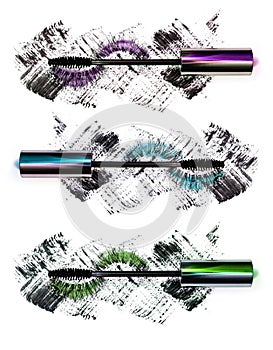 Close-up of mascara with false eyelashes in three versions: purple, green, blue, isolated on white background