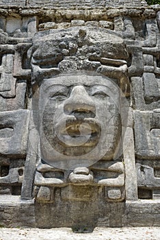 Close Up of Mask at Mask Temple, Lamanai Archaeological Reserve, Orange Walk, Belize, Central America