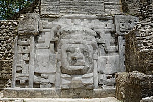 Close Up of Mask at Mask Temple, Lamanai Archaeological Reserve, Orange Walk, Belize, Central America
