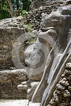 Close Up of Mask at Mask Temple, Lamanai Archaeological Reserve, Orange Walk, Belize, Central America