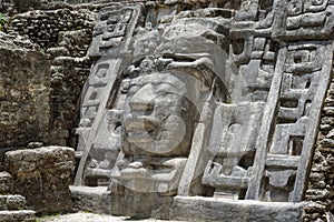 Close Up of Mask at Mask Temple, Lamanai Archaeological Reserve, Orange Walk, Belize, Central America