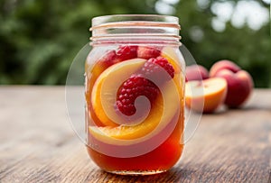 Close-up of a mason jar filled with peach raspberry iced tea, garnished with fresh peach slices and raspberry swirls. AI