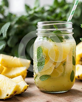 Close-up of a mason jar filled with pineapple mint agua fresca, garnished with fresh pineapple chunks and mint leaves photo