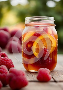 Close-up of a mason jar filled with raspberry peach iced tea, garnished with raspberry, orange and peach slices. AI