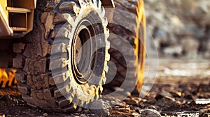 A close-up of a massive truck navigating a rugged rocky road on a construction site, showcasing its sturdy wheels and tires