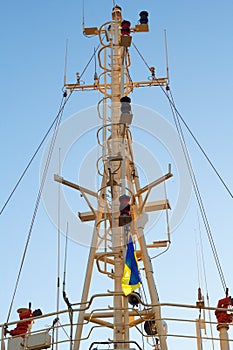 Close-up of Mast on marine boat. Mast with ukrainian flag