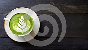 Close up of matcha green tea latte in white cup on dark empty wood table