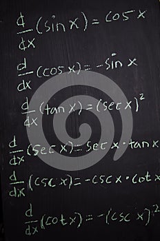 Close up math formulas written on a blackboard. Education concept
