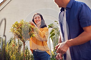 Close Up Of Mature Asian Couple At Work Watering And Caring For Plants In Garden At Home