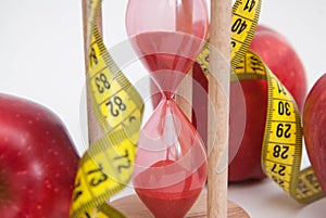 Close Up of Measuring Metter. Fat Burning and Weight loss process. Diet and Fitness Concept. Red Apples and Tape Measure Isolated,