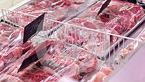 Close-up of meat in a supermarket. Raw meat at butcher shop.