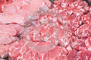 Close up of meat in a supermarket. Raw meat at butcher shop