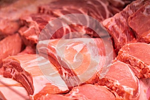 Close up of meat in a supermarket. Raw meat at butcher shop