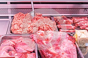 Close up of meat in a supermarket. Raw meat at butcher shop