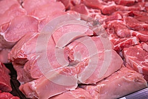 Close up of meat in a supermarket. Raw meat at butcher shop