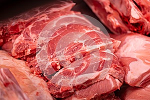 Close up of meat in a supermarket. Raw meat at butcher shop