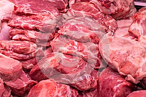 Close up of meat in a supermarket. Raw meat at butcher shop