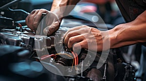 close-up of a mechanic repairing engine, close-up car engine, auto mechanic hands fixing car engine, mechanic fixing car