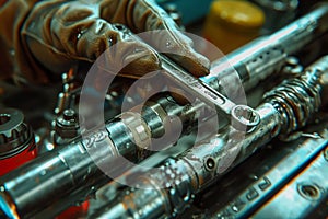 Close up of Mechanic's Hand Repairing Sophisticated Machine with Wrench in Industrial Workshop