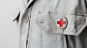 Close-up of a medical badge with a red cross on a doctor\'s white coat