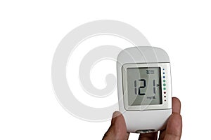 Close up Medical device , digital blood sugar detector use to measure patient blood sugar in the hospital isolated on white .