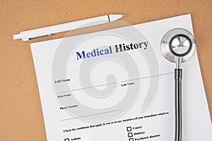 Close-up of Medical History form and stethoscope medical with pen