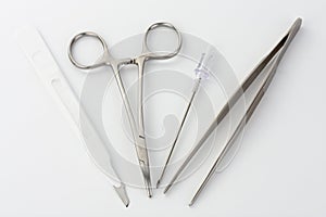 Close up of medical instruments on white background. Instruments  is used for cannulation of central venous catheter in ICU in