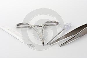 Close up of medical instruments on white background. Instruments  is used for cannulation of central venous catheter in ICU in