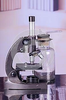 Close up of a medical laboratory, microscope for chemistry biology test samples,examining liquid, equipment, scientific