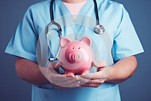 Close Up Of Medical Worker Wearing Scrubs Holding Pink Piggy Bank Or Savings Bank To Illustrate Investment Costs