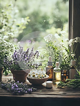 Close-up of medicinal plants and essential oils on a rustic table, soft natural light