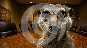 A close up of a meerkat sitting in front of an empty conference room table, AI